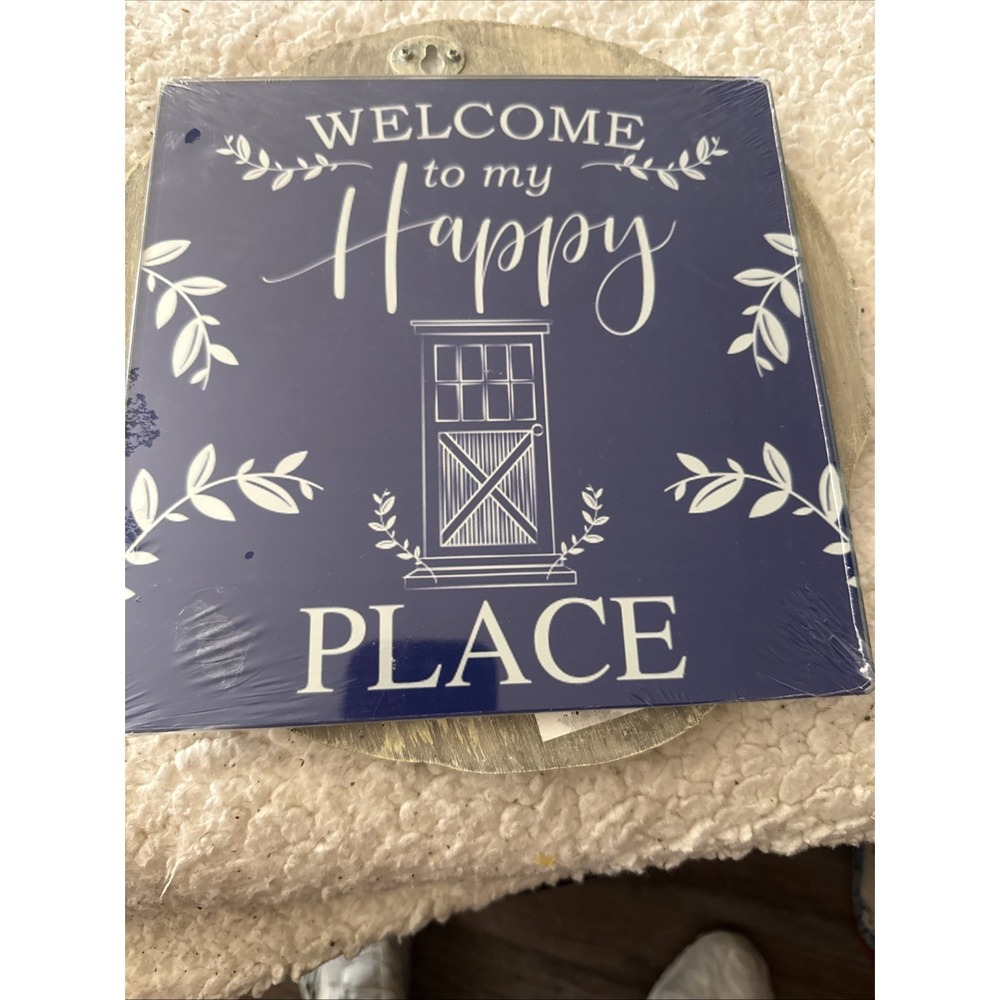 Square Glass Cutting Board/Trivet, 8" x 8", WELCOME TO MY HAPPY PLACE ON BLUE,GR